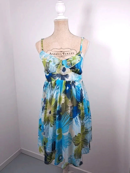 Robe d'été fleurie bleue et verte à volants – Taille 46