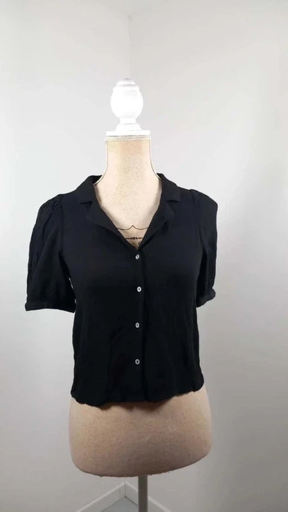 Top Zara Noir Fluide Style Rétro - Taille XS - Col Revers & Manches Bouffantes