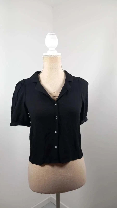Top Zara Noir Fluide Style Rétro - Taille XS - Col Revers & Manches Bouffantes
