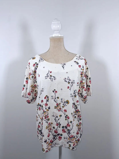 Cream Floral Fluid Blouse – Elegant Tie-Backless – Size 44 (XL)