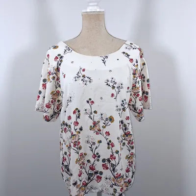 Cream Floral Fluid Blouse – Elegant Tie-Backless – Size 44 (XL)