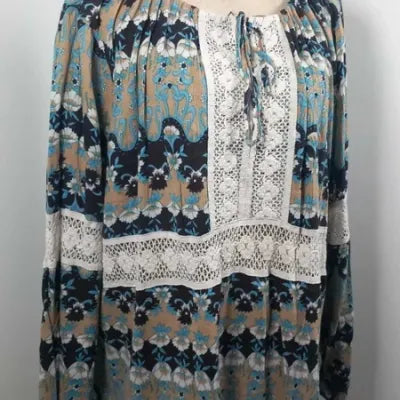 Tunique Bohème Size Up – Dentelle & Fleurs Bleu/Camel – 100% Coton – Grande Taille 54/56