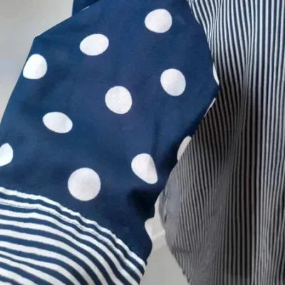 Chemise Tissaia – Mix Pois & Rayures Bleu Marine/Blanc – Coupe Asymétrique – Taille 40 (L)