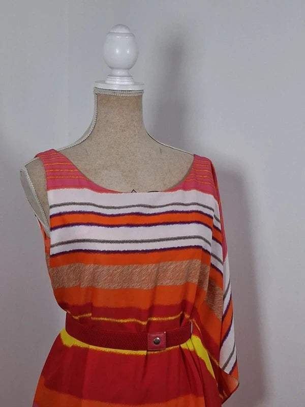 Robe Manoukian asymétrique orange rose jaune drapée M 38