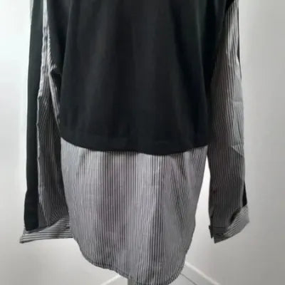 Black & Striped Bi-Material Shirt XL - Chic Layered Style - NEW
