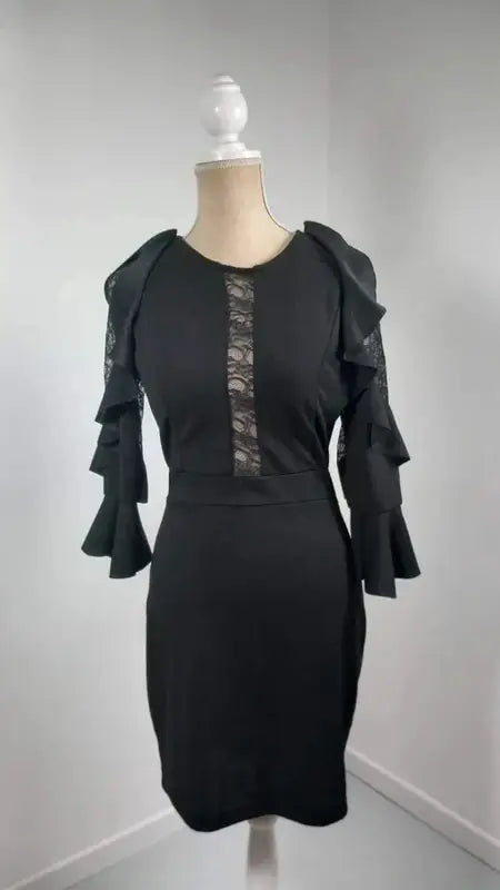 Chic Black Evening Dress - Lace & Ruffle Details - Size L (US 10) - NEW