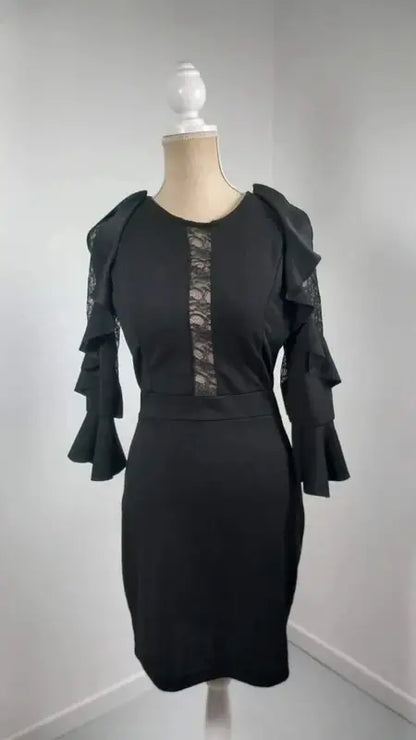 Chic Black Evening Dress - Lace & Ruffle Details - Size L (US 10) - NEW