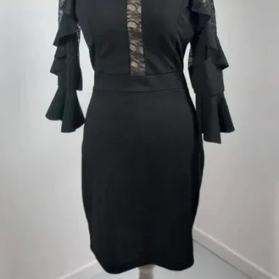 Chic Black Evening Dress - Lace & Ruffle Details - Size L (US 10) - NEW
