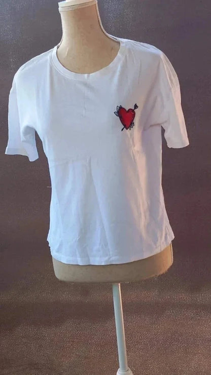 White Pimkie T-shirt New with Embroidered Heart Patch size XS