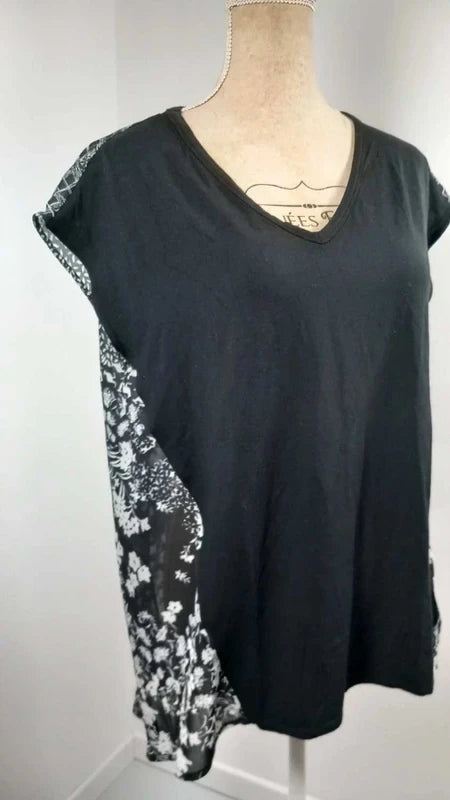 Tanais Two-Material Top - Size 42 - Black & White Floral Print - Flowy Cut