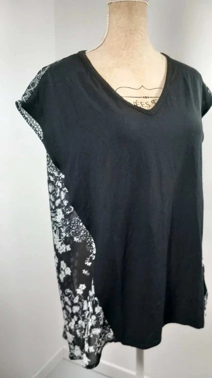 Tanais Two-Material Top - Size 42 - Black & White Floral Print - Flowy Cut