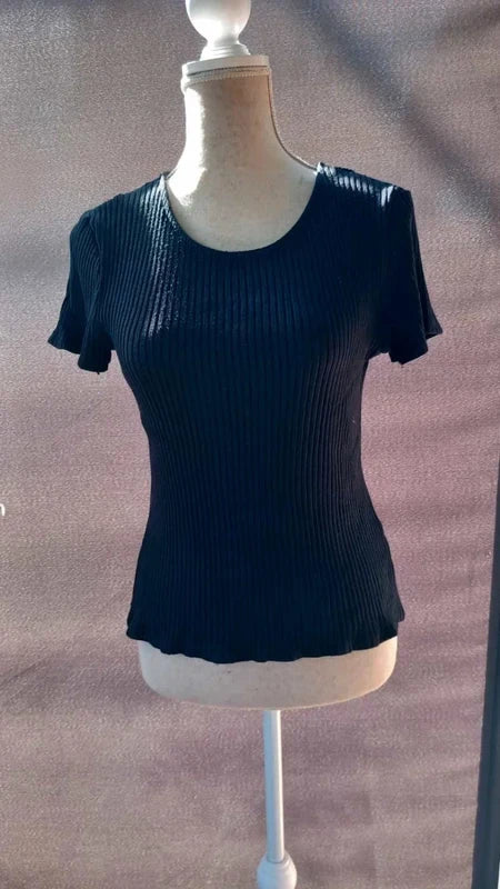 Tee-shirt Noir en Maille Côtelée Chic - Zara - Taille M