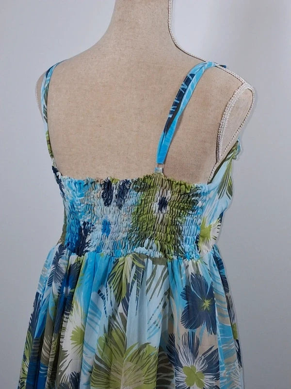 Robe d'été fleurie bleue et verte à volants – Taille 46