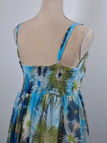 Robe d'été fleurie bleue et verte à volants – Taille 46