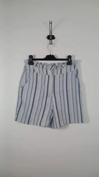 Short Yessica – Rayures Bleues & Fils Argentés – Taille Haute Paperbag – Neuf