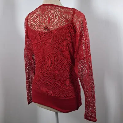 Red lace / fishnet top Mim - Long sleeves size 38/40