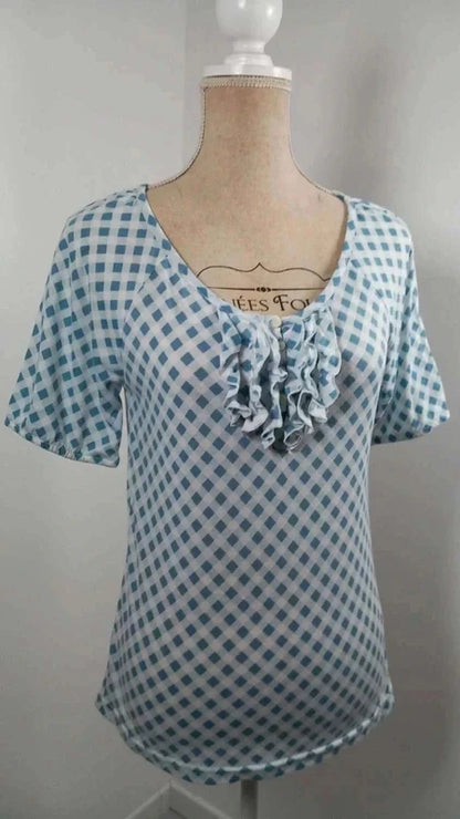 Top caroll vichy bleu et blanc à volants - taille 40 - très bon état