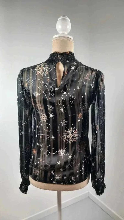 Chemisier Céleste Noir & Or - Imprimé Étoiles/Planètes - Taille XS - NEUF