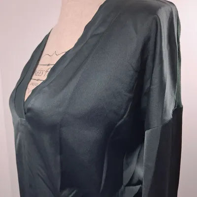 Bottle Green Satin V-Neck Blouse – Chic & Elegant Style – Mango – Size M (UK 10-12)