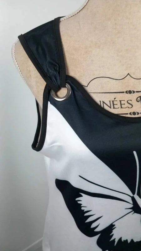 Top Fluide Noir & Blanc Motif Papillon – Détails Anneaux – Neuf – Taille L