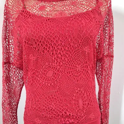 Red lace / fishnet top Mim - Long sleeves size 38/40