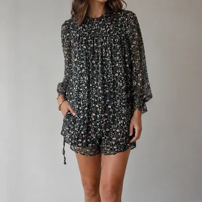 Bershka Romper Dress - Black Floral Print - Long Lace Sleeves - Size S (UK 8)