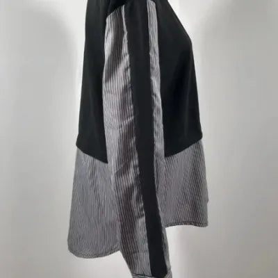 Black & Striped Bi-Material Shirt XL - Chic Layered Style - NEW