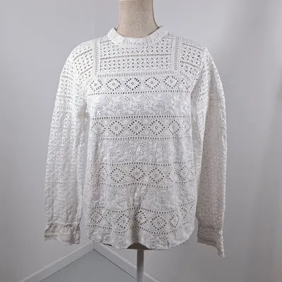 White Broderie Anglaise & Lace Blouse – Romantic Vintage Style – Size 40 (L)