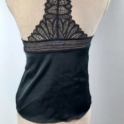 Etam Cami Top – Black – Satin Effect & Racerback Lace – Décol Dreamt V – Size XS