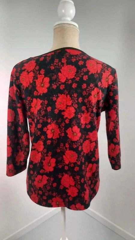 Pull Léger Floral Noir & Rouge – Détail Zip Cœur – Taille 3 (L)