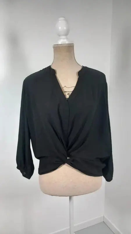 Blouse Amisu – Noire – Drapé Noué – Col V – Manches 3/4 – Coupe Loose – Taille M