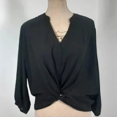 Blouse Amisu – Noire – Drapé Noué – Col V – Manches 3/4 – Coupe Loose – Taille M