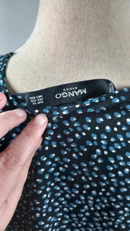 MANGO Fluid Polka Dot Top Navy & White - Size XS