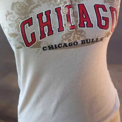 Chicago Bulls Vancl Baby Tee – Y2K Style – Henley Collar – Off-White – Size S (US 4)