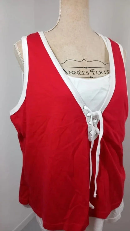 New T56 Happiness Blue 2-in-1 Top – Red & White Lace-Up Tank Top