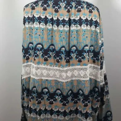 Tunique Bohème Size Up – Dentelle & Fleurs Bleu/Camel – 100% Coton – Grande Taille 54/56