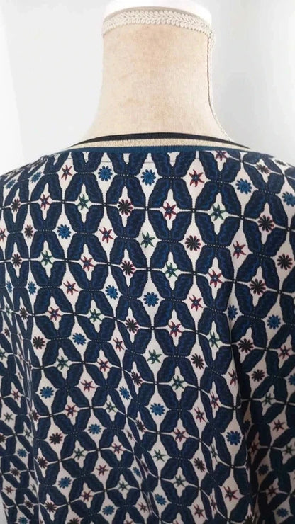Tunique Graphique Chic – Bleu Marine & Motifs Géométriques – Taille 48 – NEUVE