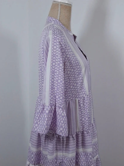 Robe bohème lilas et blanche Pigalle taille M neuve volants