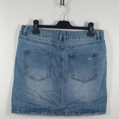 Jupe en Jean Brodée Flamant Rose & Cactus – Style Bohème Estival – Bleu Clair – Taille 40