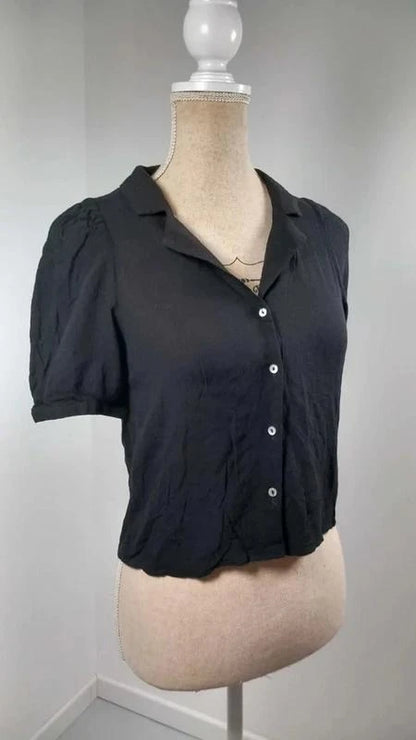 Top Zara Noir Fluide Style Rétro - Taille XS - Col Revers & Manches Bouffantes