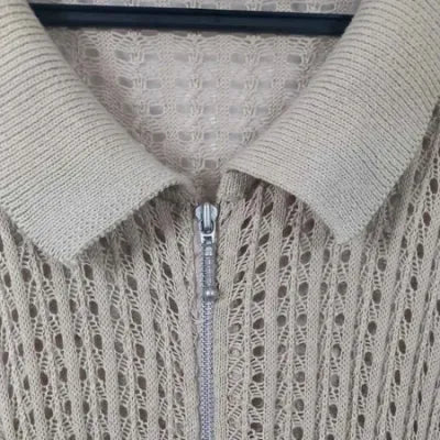 Long Size Up Cardigan – Beige – Openwork Knit & Shirt Collar – Plus Size 54/56