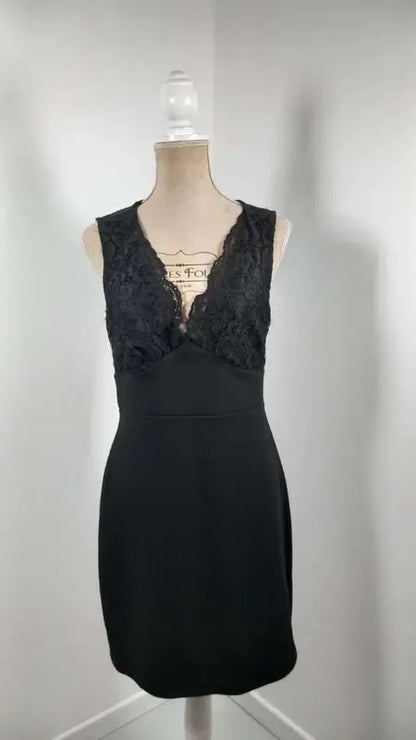 Chic Black Naf Naf Dress - Floral Lace & Detailed Back - Size 40