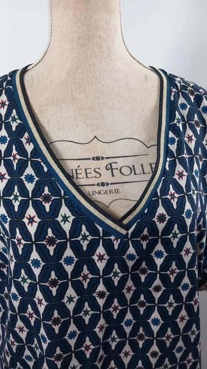 Tunique Graphique Chic – Bleu Marine & Motifs Géométriques – Taille 48 – NEUVE