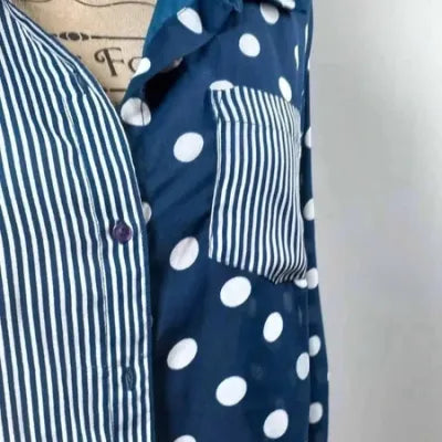 Chemise Tissaia – Mix Pois & Rayures Bleu Marine/Blanc – Coupe Asymétrique – Taille 40 (L)