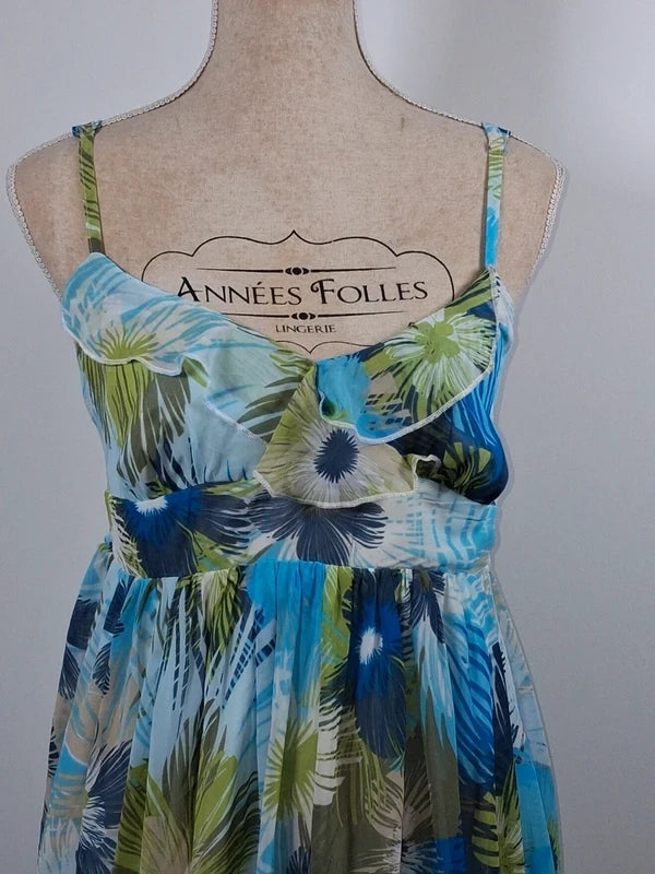 Robe d'été fleurie bleue et verte à volants – Taille 46