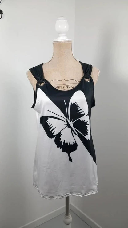 Top Fluide Noir & Blanc Motif Papillon – Détails Anneaux – Neuf – Taille L