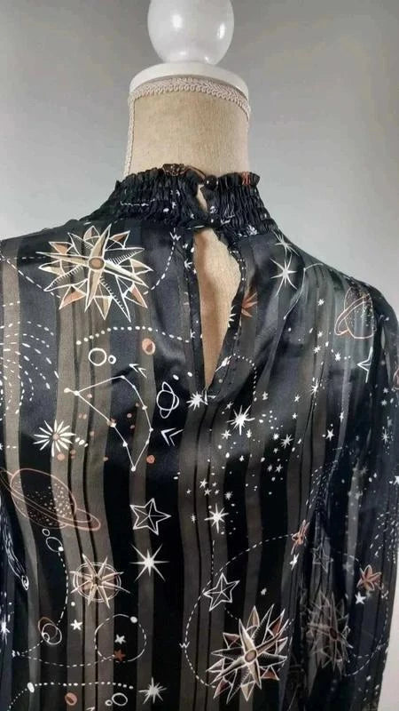 Chemisier Céleste Noir & Or - Imprimé Étoiles/Planètes - Taille XS - NEUF