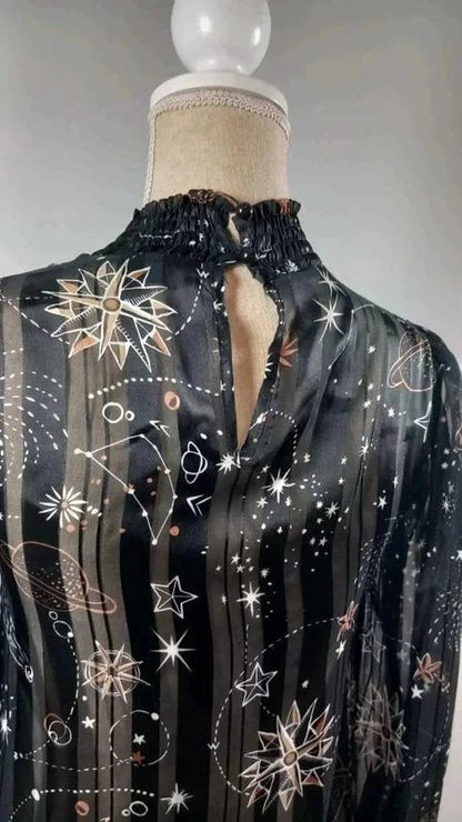 Chemisier Céleste Noir & Or - Imprimé Étoiles/Planètes - Taille XS - NEUF