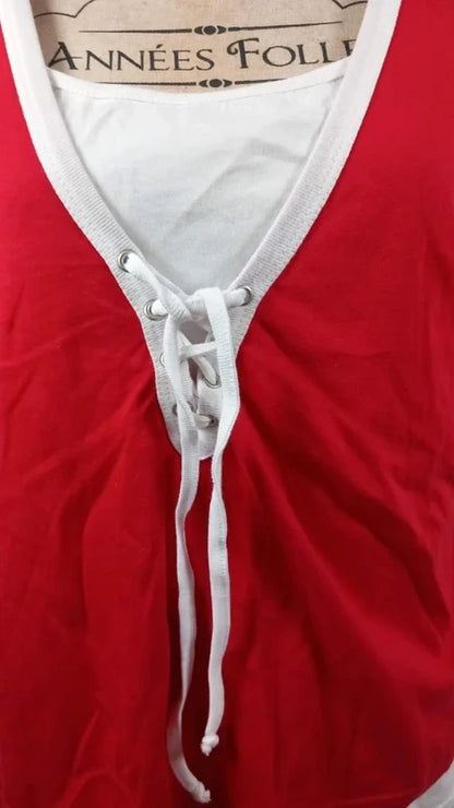 New T56 Happiness Blue 2-in-1 Top – Red & White Lace-Up Tank Top