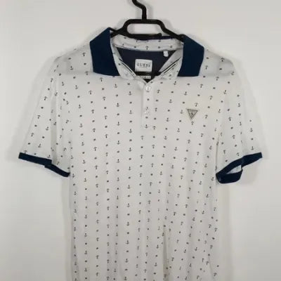 Guess Slim Fit White Anchor Print Polo New - Size M/L